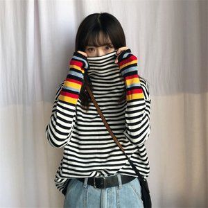 Black and White Turtleneck Stripe Panel Long-Sleeve Knit Top